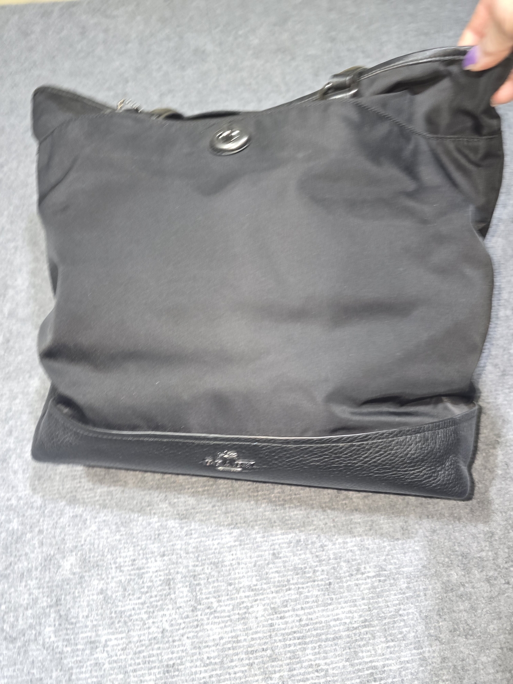 Coach F57903 Black Nylon Pebbled Leather Large Turnlock Tote Shoulder Bag